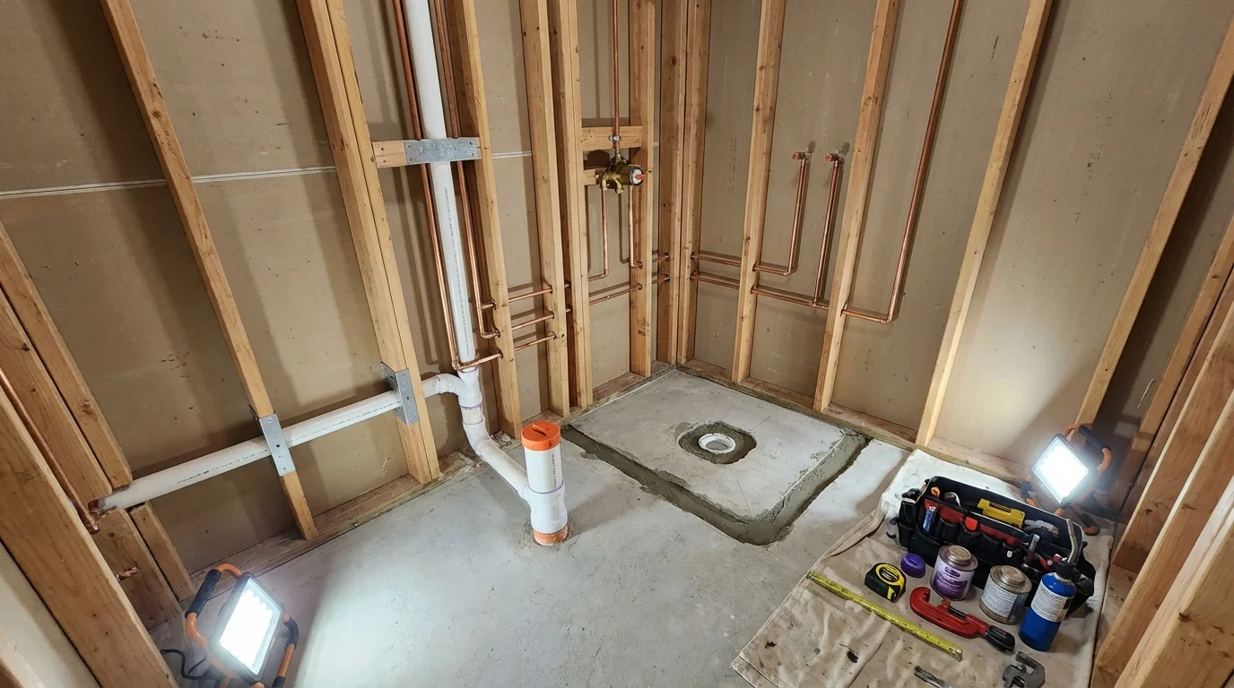 Bathroom rough-in plumbing during remodel by Johns Plumbing LLC in Wasco