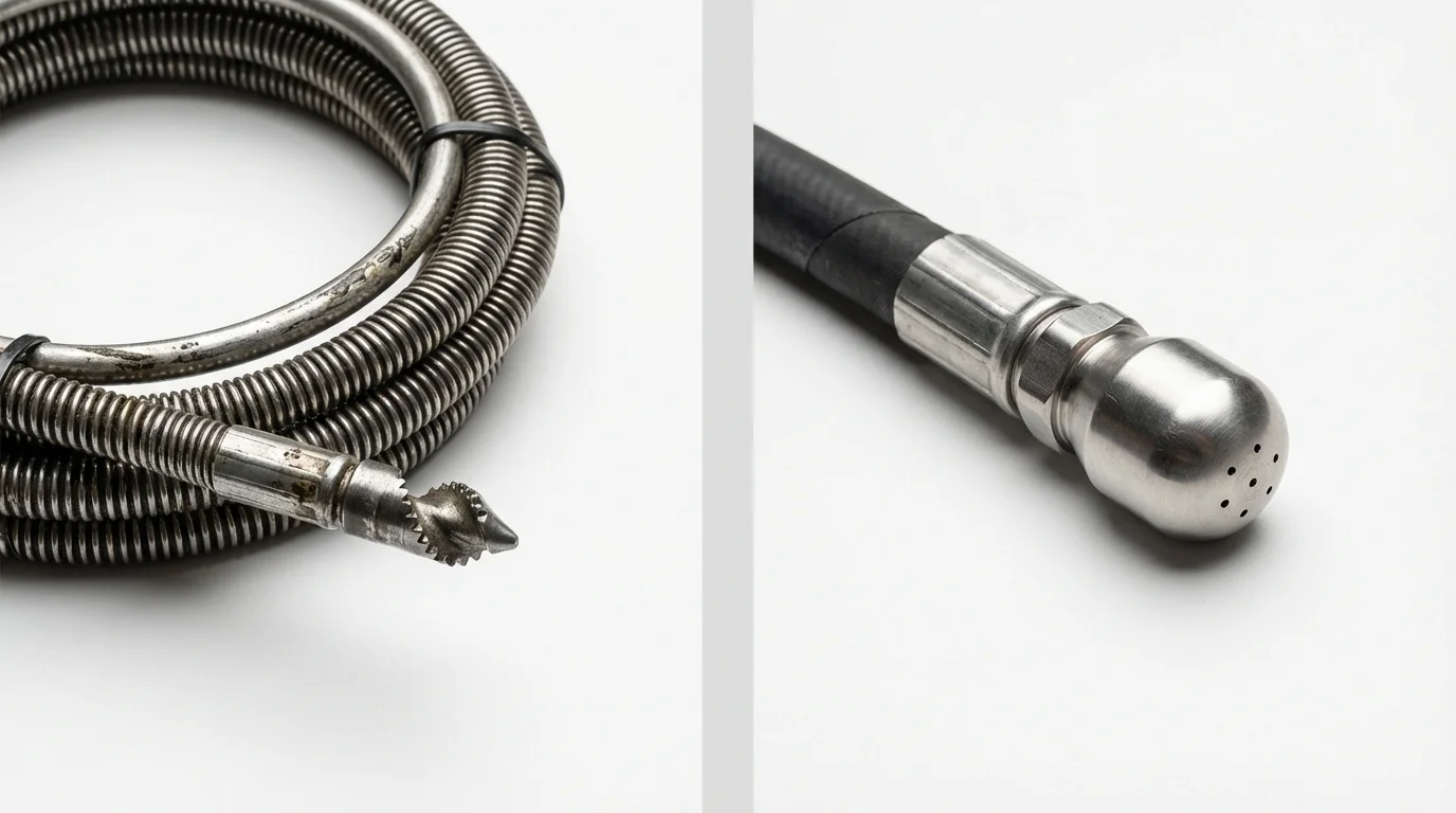 Drain snake cable and hydro jetting nozzle used for drain cleaning in Wasco, CA