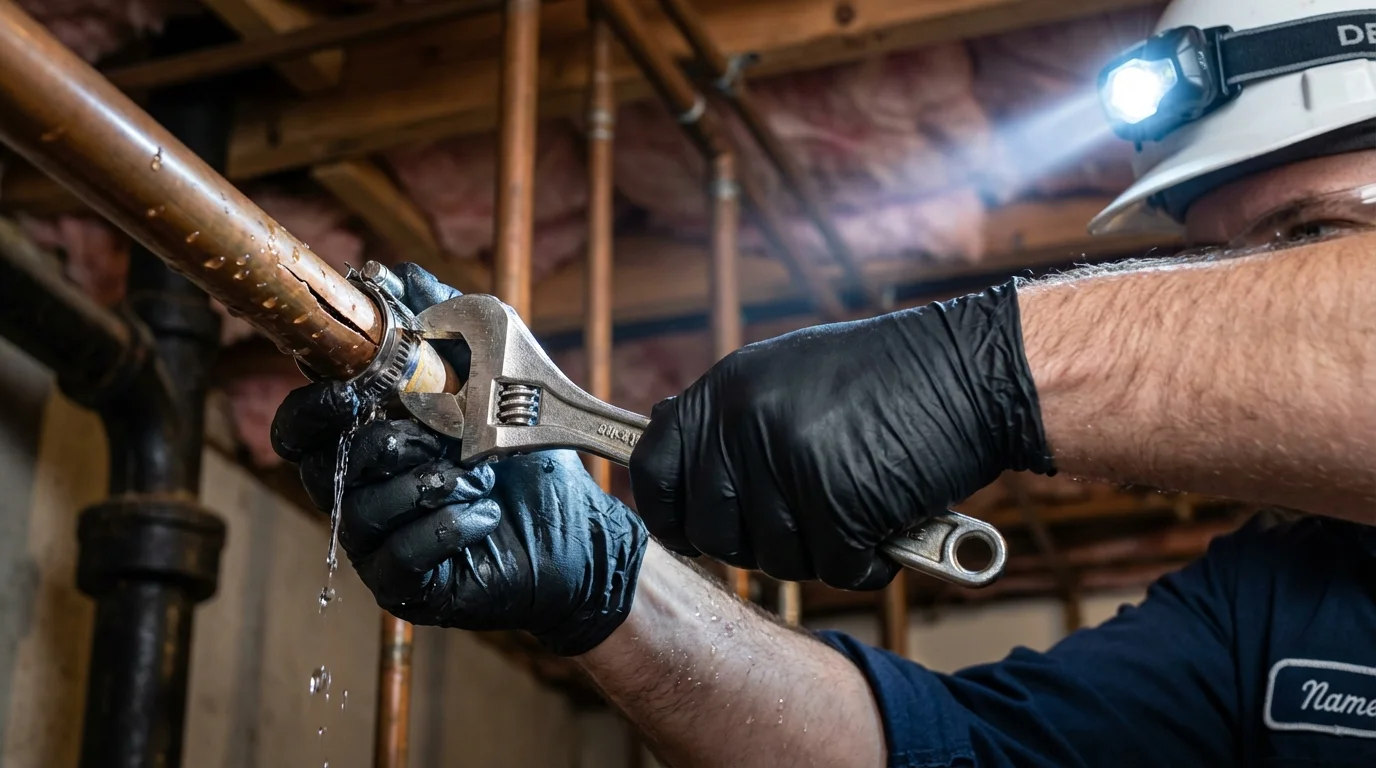 Emergency pipe clamp repair being performed by a Johns Plumbing LLC plumber in Wasco
