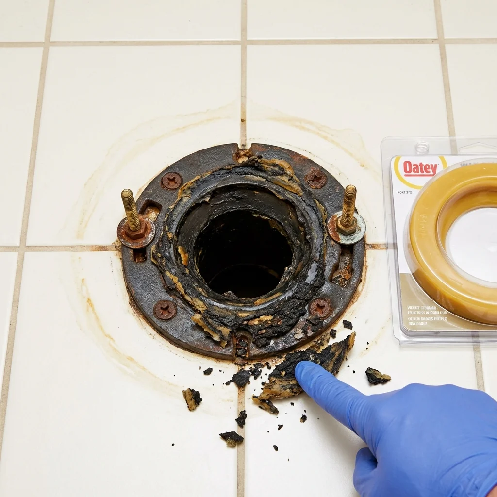 Failed wax ring showing water seepage at the base of a toilet in a Wasco, CA home