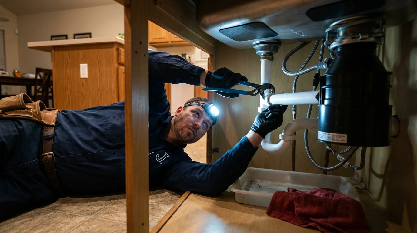 P-trap and supply line connections under a kitchen sink showing a common leak point in Wasco, CA